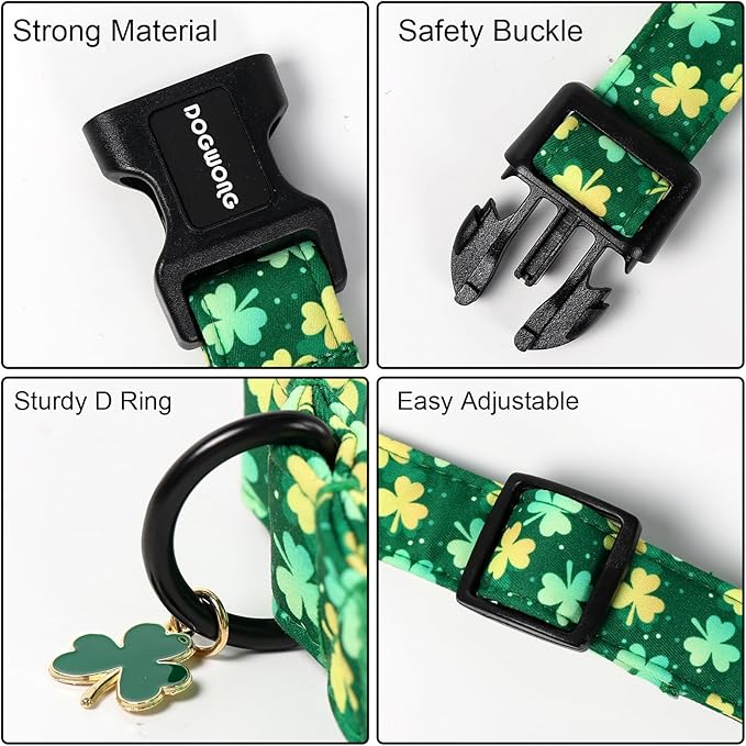 DOGWONG St Patrick's Day Dog Collar-Cute Green Clovers Dog Collars, Adjustable Shamrock Pet Collars Trefoil Puppy Collars with Quick Release Buckle for Girl&Boy Dogs,XS
