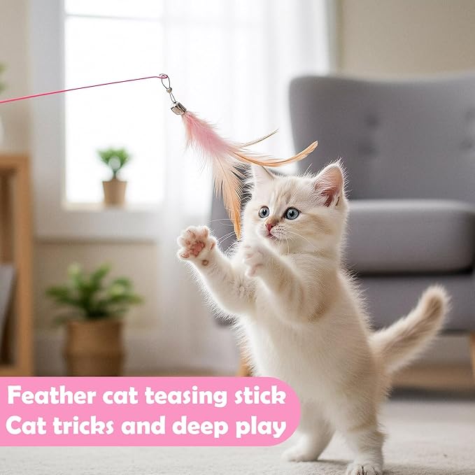 4 Pcs Cat Feather Toys, Cat Toys Wand with Bell Beads Teaser Wire Wand for Cats Chase Exercise Play