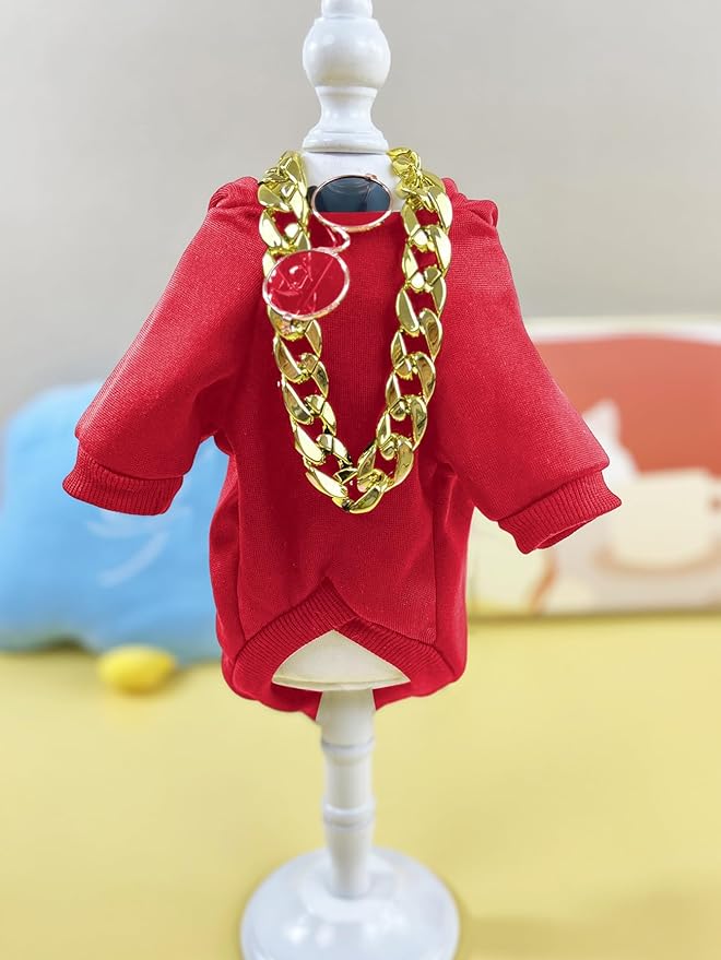 QWINEE 3Pcs Dog Hoodie Cat Apparel Dog Custume Set with Necklace and Sunglasses Pet Clothes for Puppy Small Medium Dogs Cats Red S