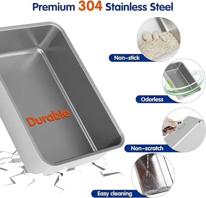 Stainless Steel Litter Box with Lid, XL Extra Large Cat Litter Box Enclosure, Front & Top Entry Covered Metal Cat Box with Steps & Scoop, Easy Cleaning