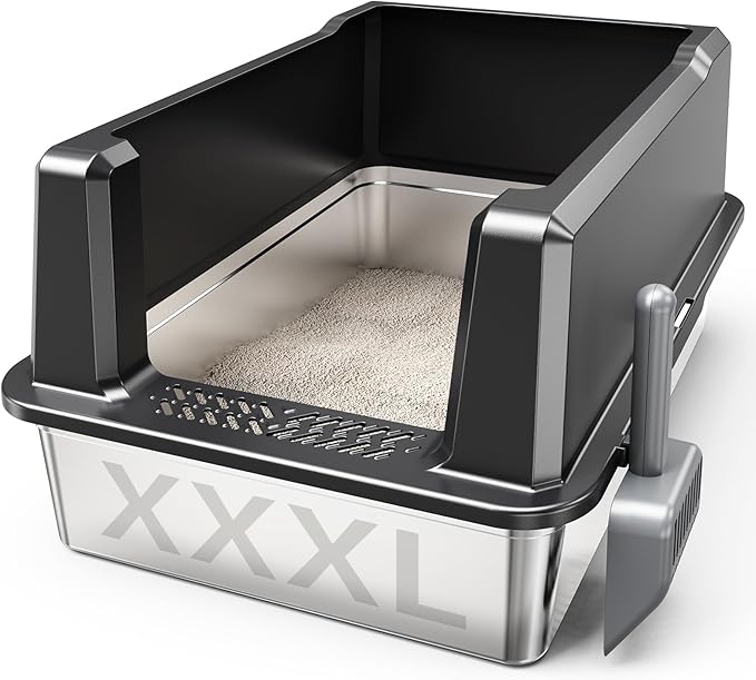 Tripamin XXL Stainless Steel Litter Box with High Sides 26"x18"x12" Extra Large Metal Litter Box for Big Cats & Multiple cat, Jumbo Top Entry Litter Pan with lid (Black, XX-Large)