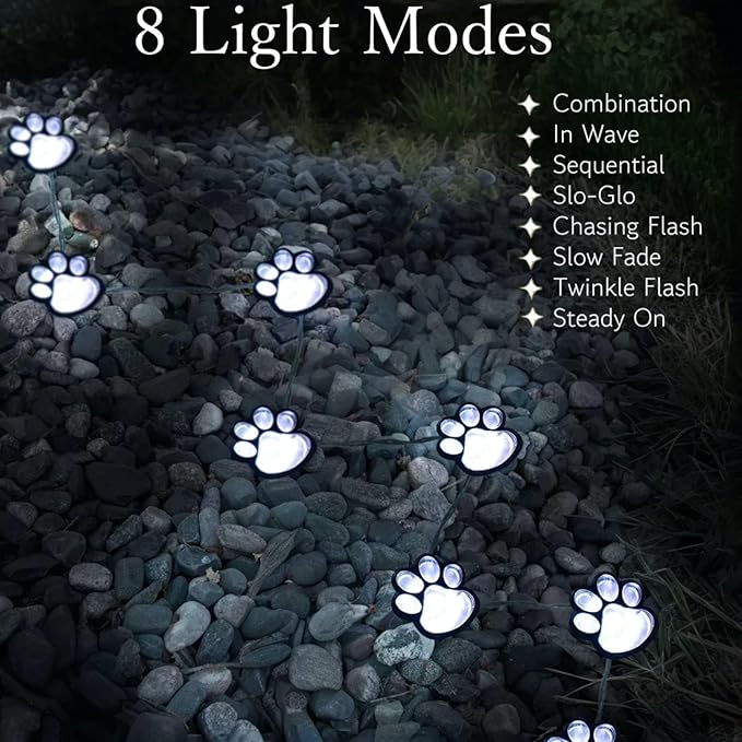 Paw Print Solar Lights - Outdoor Garden Decoration Waterproof, Cat Dog Animal Set (4), Pet Cemetery, Grave Memorial, Gifts for Pet Lovers (Cool White)