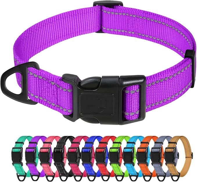 TagME Reflective Nylon Dog Collars, Adjustable Classic Pet Collar with Quick Release Buckle for Large Dogs, Purple, 1.0" Width