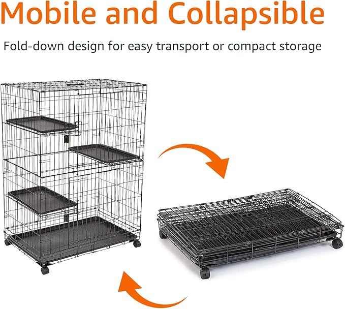 Amazon Basics Large 3-Tier Cat Cage Playpen with Easy to Clean Removable Tray, Front Doors, Portable, Foldable, 35.8" x 22.4" x 50.6", Black