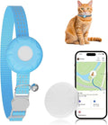 Cat GPS Tracker, Smart Cat Tracker Compatible with Apple Find My App (Only iOS), No Monthly Fee, Waterproof, Breakaway Collar Included (White Tracker, Blue Cat Collar)
