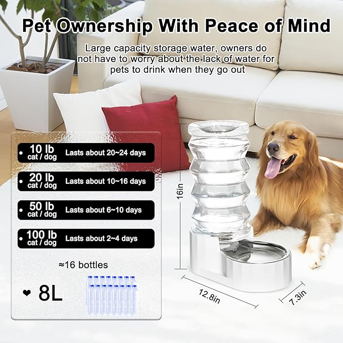 RIZZARI Gravity Dog Water Dispenser: 8L Large Auto-Refill Stainless Steel Pet Water Feeder - No-Spill BPA-Free Design for Large Dogs & Multi-Dog Homes - Everyday Indoor & Outdoor Spaces