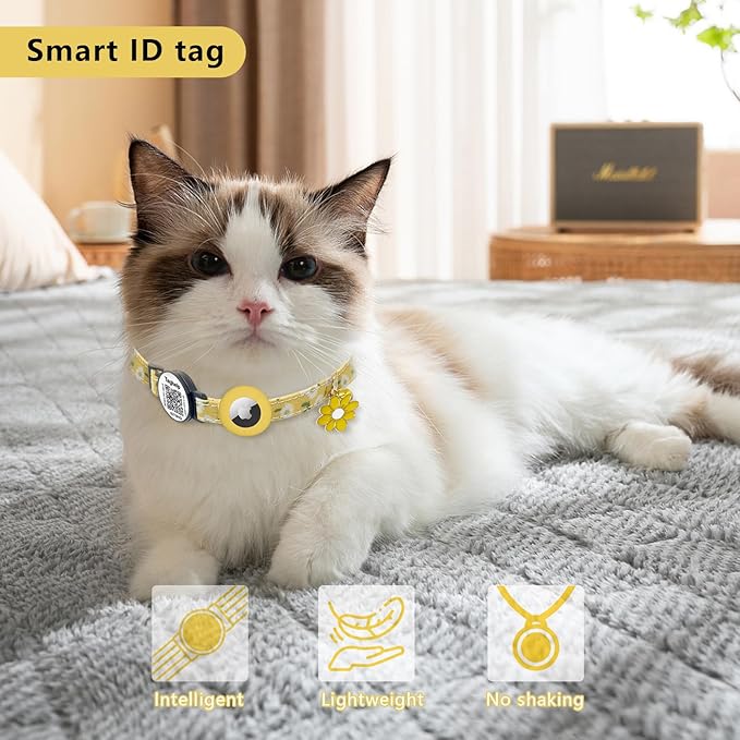QR Code + Airtag Cat Collar, 2-in-1 Breakaway Safety Collar with Online ID & Apple AirTag Holder, Lightweight with Bell & Flower Charm for Cats, 8-13in (Pink)