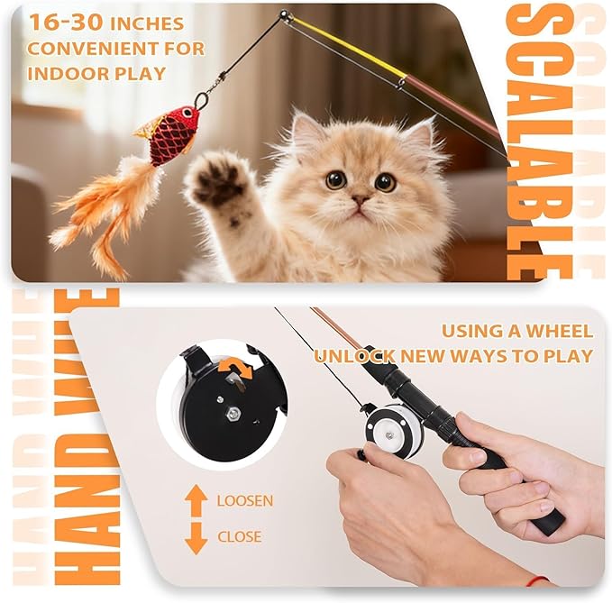 Cat Toys Interactive for Indoor Cats Wand Retractable Fishing Pole with Fish and Feather,Teaser Kitten Toy Bored Adult Pet for Enrichment Playtime Fun,Promotes Healthy Exercise