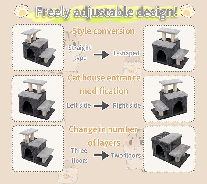 3-in-1 Pet Stairs for Cats for High Bed, Adjustable Dog Steps, Modular 3-Tier, Cushioned Steps & Big Cat Condo, Adjustable Entrance, Dangling Ball, for Kittens, Senior & Fat Cats (Grey, Large)