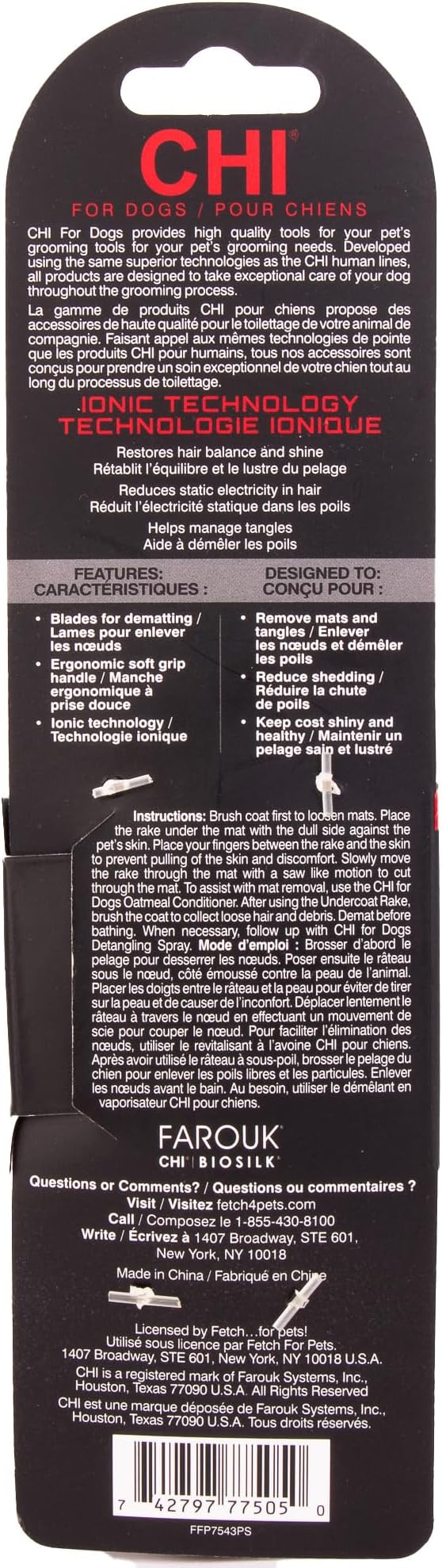 CHI for Dogs Dematting and Deshedding Undercoat Rake, Dog Grooming Tool for Long Hair and Double Coats, Rounded Blade Teeth Help Remove Mats and Loose Undercoat, Detangling Rake for Shedding Control