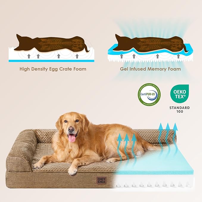EHEYCIGA Memory Foam Dog Bed Large Size Dogs, Orthopedic Dog Bed Large with Washable Removable Cover, Waterproof Pet Sofa Couch with Nonskid Bottom, 36x27x6, Camel