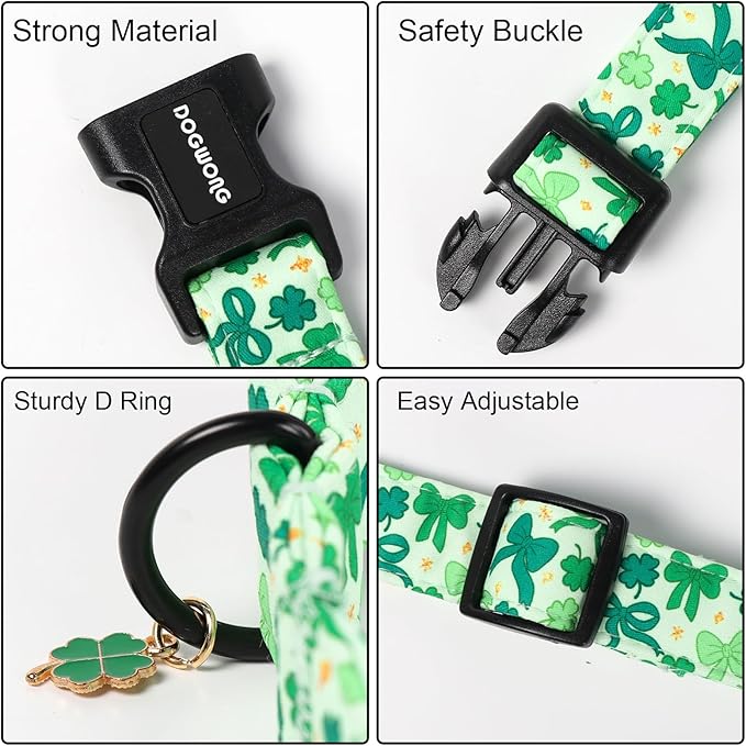 DOGWONG St Patrick's Day Dog Collar-Cute Green Clovers Dog Collar, Adjustable Cotton Shamrock Pet Collar Trefoil Puppy Collars with Quick Release Buckle,M