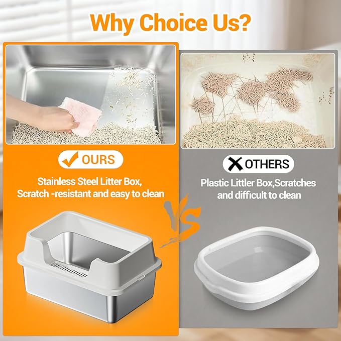 Stainless Steel Litter Box, XL Enclosed Cat Litter Boxes with Lid for Big Cats and Multi-Cats, High Sided, Anti-Urine Leakage Non-Stick Bottom Include Scoop Easy to Clean