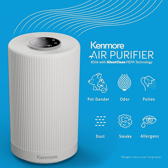 Kenmore PM1005 Air Purifier with H13 True HEPA Filter, Covers Up to 850 Sq.Foot, 25db SilentClean 3-Stage HEPA Filtration System for Office & Bedroom