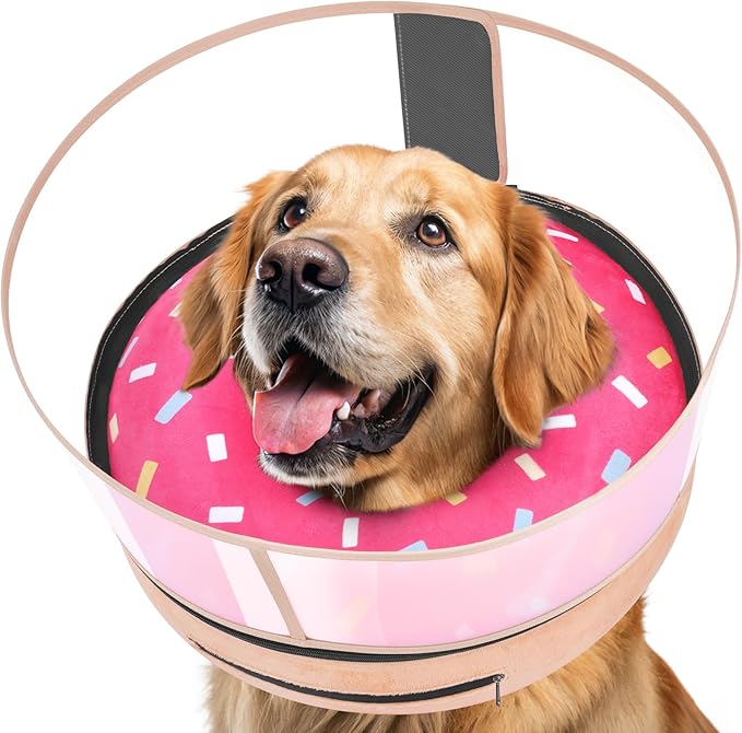 Inflatable Dog Cone with Anti-Licking Clear Shield, Protective Dog Donut Collar After Surgery, Adjustable Soft Recovery Cone for Pets, Alternative Collar with Buckle Strap (Pink, L)