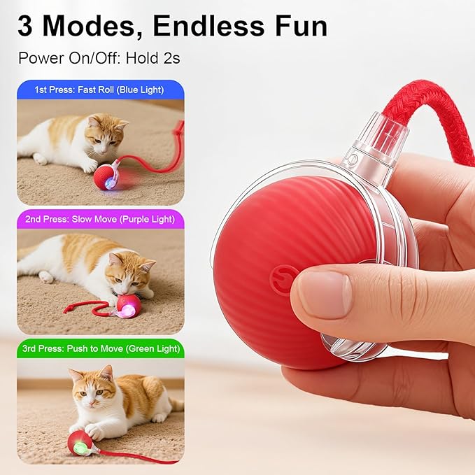 Interactive Electric Automatic Rolling Moving USB Rechargeable Self Activated Play Stimulation Toy Smart Chase Teaser Ball with Speedy Tail Rope for Bored Adult Indoor Cats and Dogs, Pink