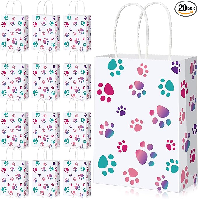 Blulu 20 Pcs Puppy Dog Paw Gift Bags with Twist Handles, Dog Gift Paper Paw Treat Goodie Bags for PET Treat Party Favor, 6.3 x 3.1 x 8.6 Inch(Pink,Purple)