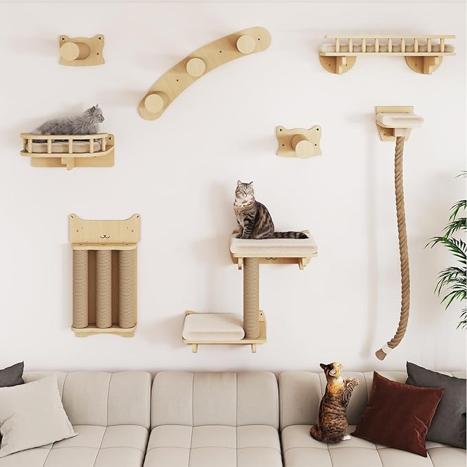 BYBYME Cat Climbing Wall Set Made of Natural Wood, 8 Pcs Sturdy Furniture with Scratching Posts, Kitten Platform, 100CM Sisal Rope and Cat Bed for Cats Sleeping, Playing, and Lounging（Natural Wood）