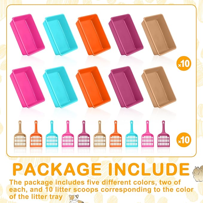 Amyhill 10 Pcs Open Cat Litter Box Kitten Litter Pan with 10 Scooper Medium Plastic Pet Tray Durable Nonstick Kitten Box for Indoor Pets Cats Rabbit Supply Easy to Clean,14.6x10.6x3.4 Inch, 5 Color