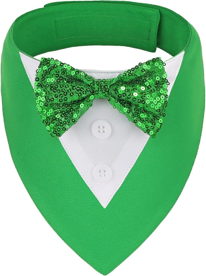 ADOGGYGO St.Patrick's Day Dog Tuxedo Bandana, Green Pet Tux Collar with Bowtie Adjustable St Patricks Costume for Small Dogs Pets (S)