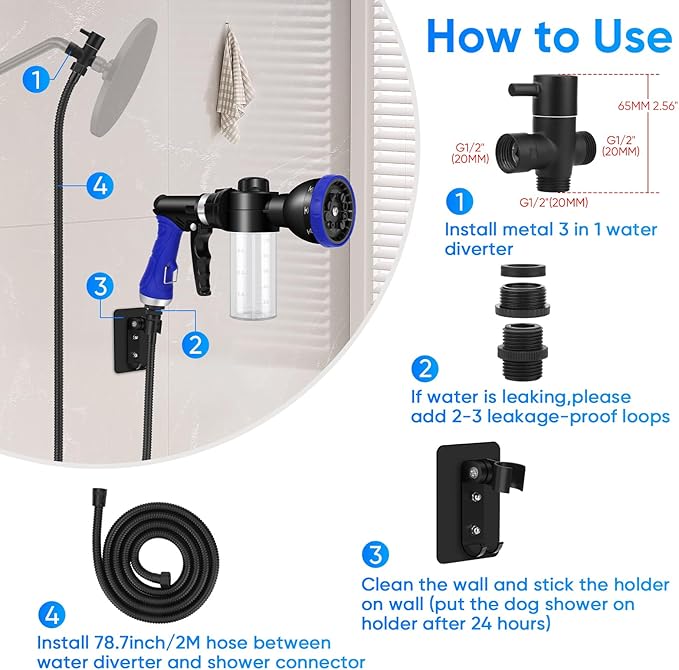 Dog Shower Attachment Water Hose Nozzle Sprayer Set with Metal 3-Way Diverter & 6.6 Ft Long Hose, Tub Faucet for Shower Arm Easy Faucet Pup Pet Bathing Sprayer Washer Kit