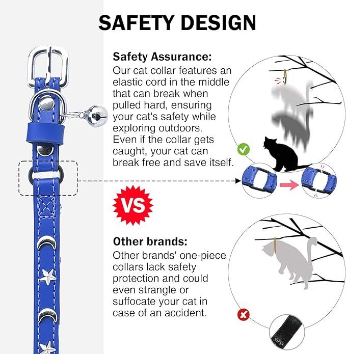 Leather Cat Collars for Boy Girl Cats with Bell and Safety Elastic Belt, Personalized Star and Moon Stud Adjustable Safe Buckle Collar for Kitty Small Big Cats Size 7-9 Inch, Blue