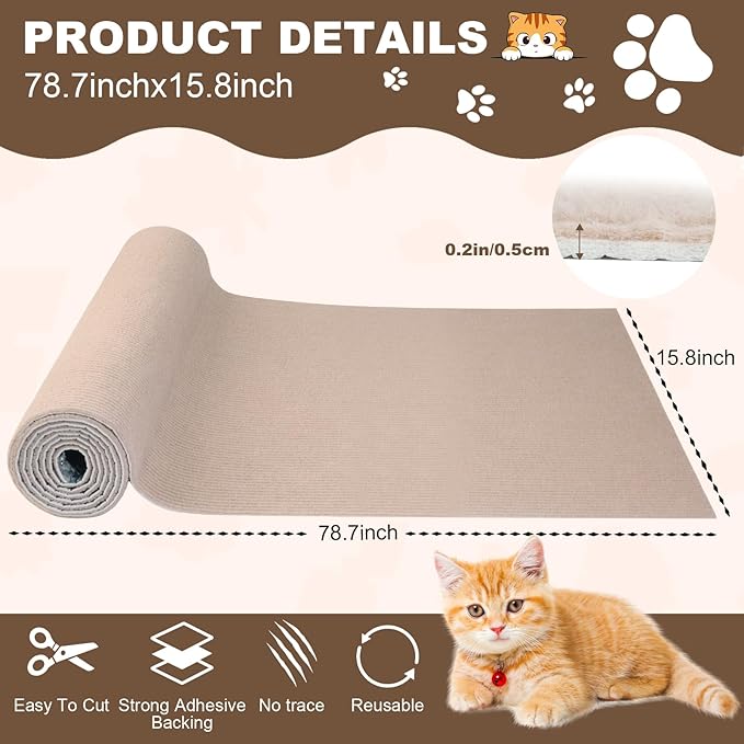 Cat Scratch Furniture Protector, 78.7"x15.8" Cat Scratching Mat, Trimmable Self-Adhesive Cats Claws Scratch Pads, DIY Carpet Mat Replacement for Cats Tree, Cats Wall Shelves, Khaki