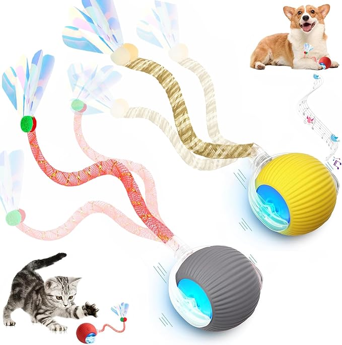 2 Packs Speed 2.0 Tail Interactive Cat Toys for Indoor Cats, Chirping & Motion Activate Ca t Toy, Smart Kitten Rolling Ball Moving Ball Toys, Rechargeable Dog Cat Bal l for Enrichment Exercise