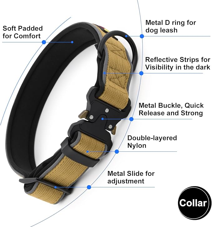 Plutus Pet Tactical Dog Collar, Reflective, Adjustable Heavy Duty Dog Collar, Soft Padded and Comfortable, for Small Medium and Large Dogs (Brown, S)