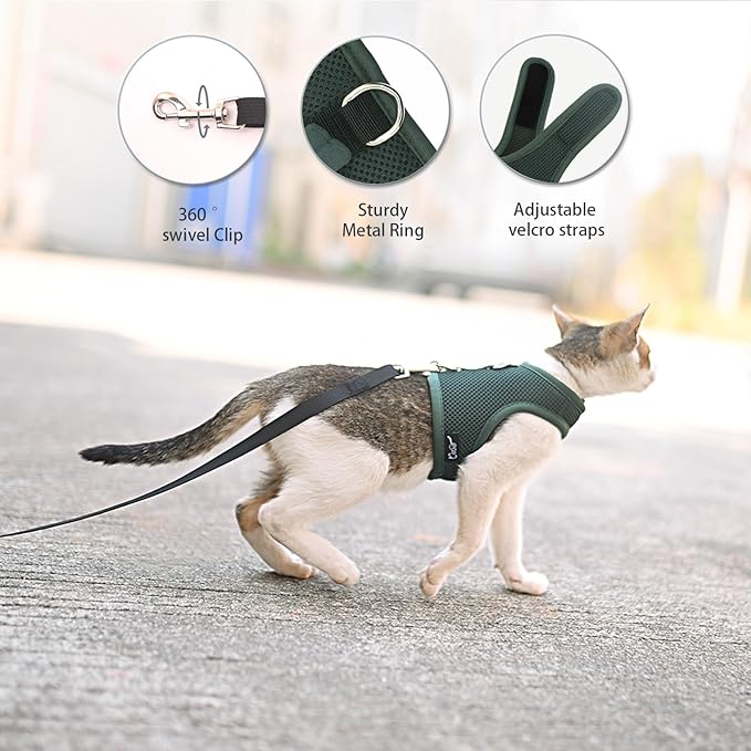 Cat Harness and Leash for Walking Escape Proof Breathable Mesh Fabric, Solid Green, XX-Large, Adjustable Cat Walking Jackets, Padded Stylish Cat Vest