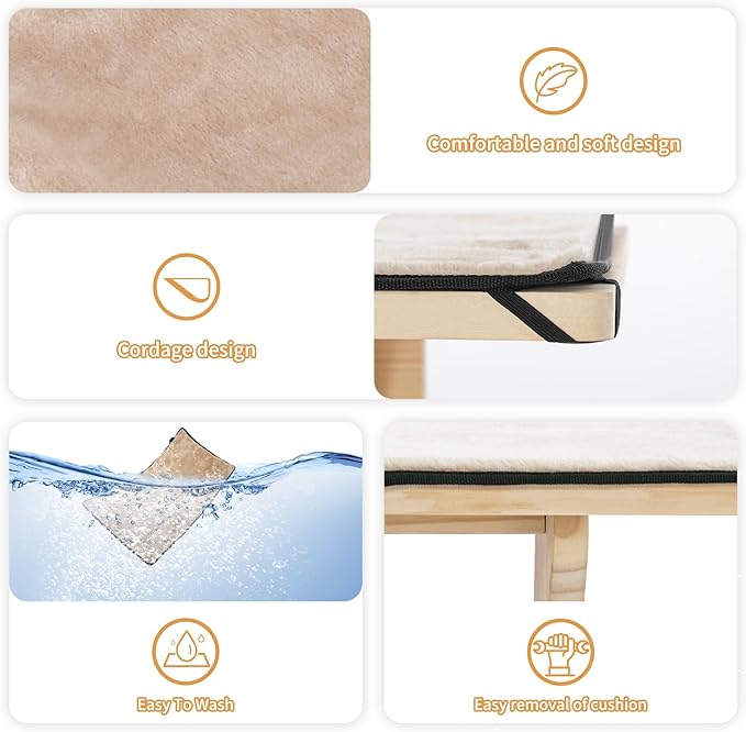 PETSFIT Cat Window Perch, Natural Solid Wood Cat Hammock with Removable Fleece Mat, Easy to Assemble Window Perch for Large Cats, Fits Windowsill, Bedside & Drawer