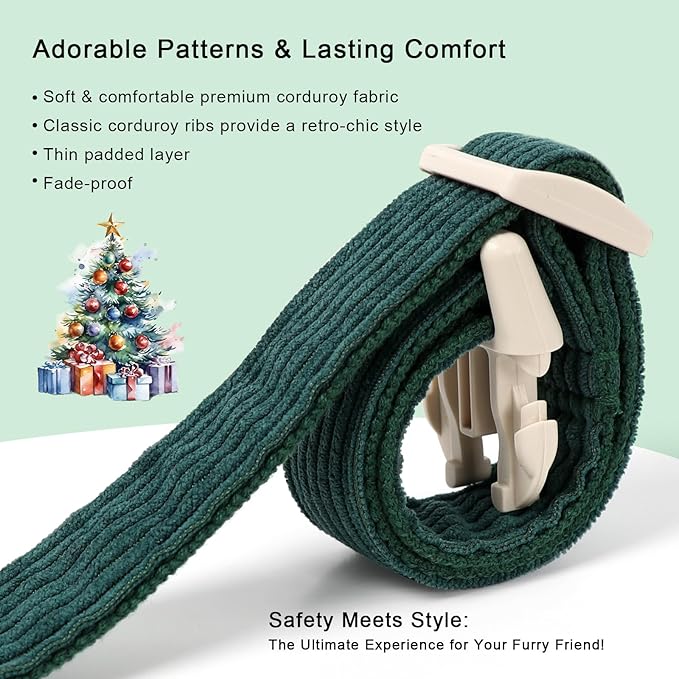 Cute Corduroy Dog Collar - Forest Green Adjustable Dog Collars for Small Dogs 10-25lbs, Fade-Proof with Secure Snap & Little Charm, Christmas Birthday Gift, S