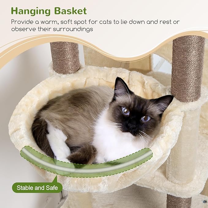 Globlazer Cat Tree Tall, 71 inches Cat Tower for Indoor Adult Cats Multi-Level 3 Condos for Indoor Cats XL Cat Tree Tower with Scratching Posts, Soft Extra Large Hanging Basket, F71, Beige