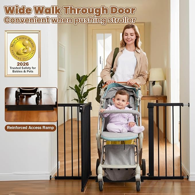 Mumeasy Baby Gate Extra Wide, 29.5-51'' Pressure Mounted Dog Gate with Walk Thru Door, Auto Close Pet Gate for House, Stairs, Doorways,Black