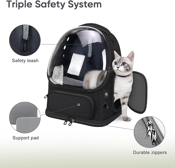 Breathable Cat Backpack Carrier, Large Space Cat Bubble Backpack for Kitty & Small Dog up to 18lbs, Foldable Cat Carrier Backpack, Transparent Airline Approved Carrier for Travel (Black)