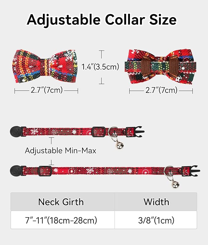 Joytale Upgraded Christmas Cat Collar with Bells, Breakaway Cat Collars with Bow Tie, 1 Pack Girl Boy Safety Plaid Kitten Collars, Christmas Red