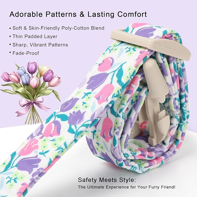 Floral Dog Collar for Large Dogs - Pink Purple Tulips Print Dog Collars, Spring Summer Cute Flower Puppy Collar, Lightweight Adjustable April Holiday Boy Girl Dogs Collars L