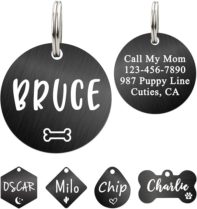 Ultra Joys Custom Personalized Dog ID Tag - Brushed Stainless Steel Round, Black, Small