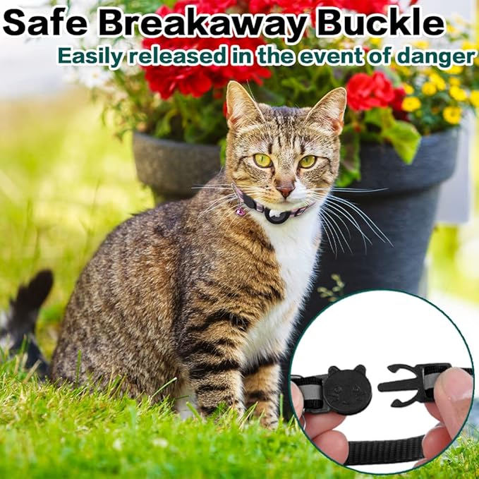 Airtag Cat Collar Breakaway, Reflective Kitten Collar with Apple Air Tag Holder and Bell for Girl Boy Cats, 0.4 Inches in Width and Lightweight(Black)