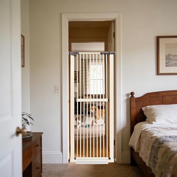 Lumizone Extra Tall Cat Gate 61.02" High Pressure Mounted Extra Wide 26.38"-30.11" (17Sizes) 1.37" Gap No Drilling Auto-Close Tall Pet Gate for Dogs (Cream, 26.38"-30.11" W)