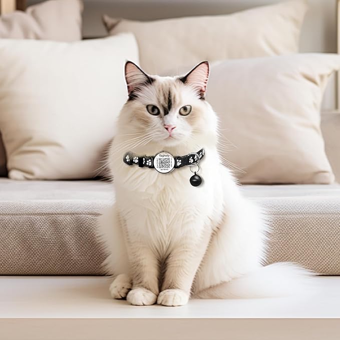 Collar with QR Code,Reflective Cat Collar with Name Tag, Personalized Reflective Cat Collar Breakaway with Bell for Boy & Girl Kitten, Ultra-Durable, Quick Release, Fits Most Girl Boy Cats(Black)