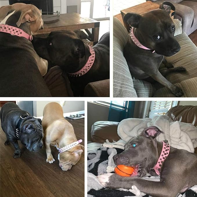 TEEMERRYCA Adjustable Leather Spiked Studded Dog Collars with a Squeak Ball Gift for Small Medium Large Pets Like Cats/Pit Bull/Bulldog/Pugs/Husky, Pink, XL 17.7-20.5 inches