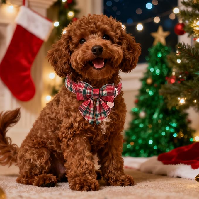 Christmas Plaid Dog Collar with Bow Tie– Adjustable Red & Green Checkered Dog Collar for Small Medium Large Dogs, Soft Xmas Plaid Puppy Collars with Quick Release Buckle S