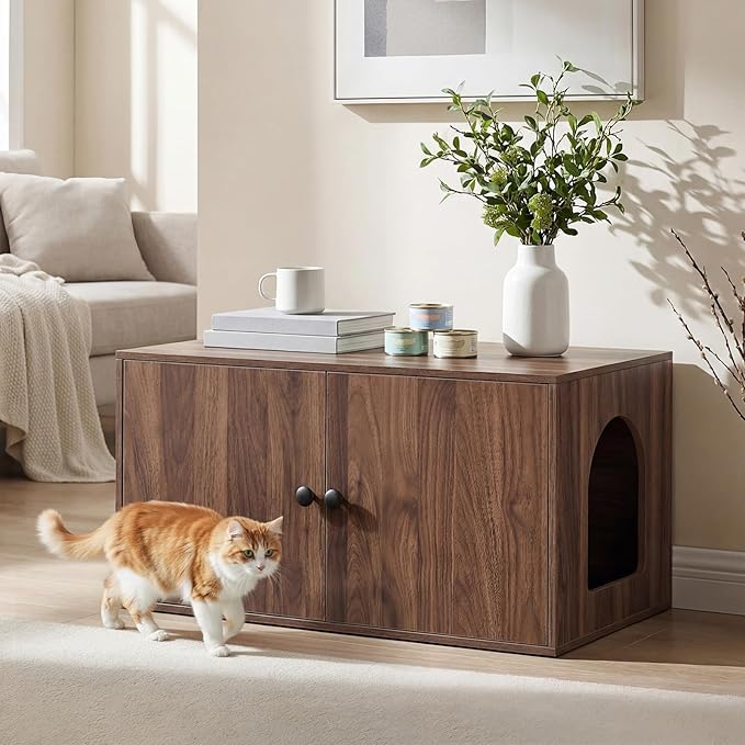 HOOBRO Cat Litter Box Enclosure, Hidden Litter Box Furniture with Side Entry, Litter Box Cabinet, Indoor Cat House, End Side Table, 31.5"L x 17.7"W x 16.3"H, for Living Room, Bathroom, Walnut WL40MW01