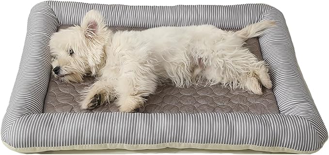 Cooling Dog Bed, Pet Mat with Quilted Design, Cooling Bed for Cats, Striped Border (Coffee, Small)