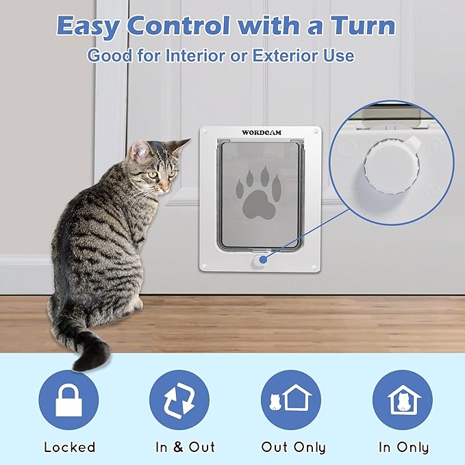 Wordcam X-Large Cat Door, Cat Door for Interior Exterior Doors, 4 Way Locking Pet Door for Cat Up to 25lbs, Cat Flap Privacy Door for Kitten Doggies, Easy Installation, Weatherproof (White, XL)