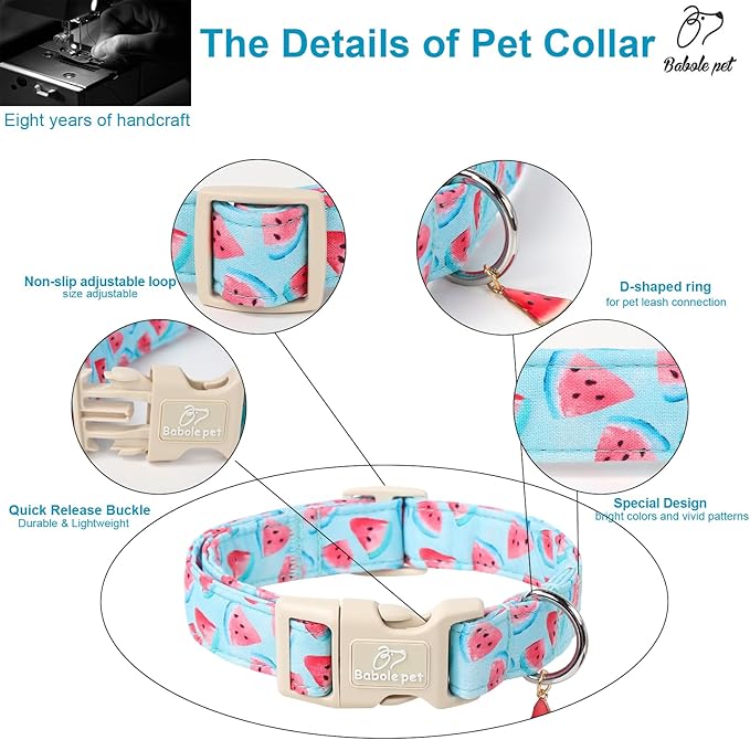 Adjustable Summer Dog Collar, Cute Watermelon Dog Collars for Puppy Small Dogs, Lightweight Quick-Release Buckle Collar for Boy&Girl Dogs XS
