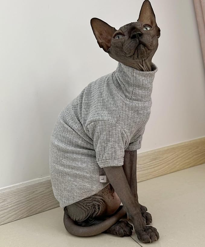 Sphynx Hairless Cats Shirt Cotton Cat Turtleneck Sweater Pullover Kitten T-Shirts with Sleeves Cat Pajamas Jumpsuit for Sphynx Cornish Rex, Devon Rex, Peterbald (Large (Pack of 1), Light Grey)