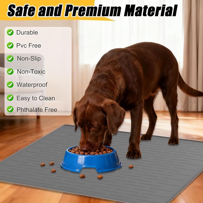51.2"x25.6"(130cm×65cm) Largest Dog Food Mat, XXXXL Silicone Dog and Cat Mat for Food and Water Bowls, Thinken Waterproof Non-Slip XXXL Pet Feeding Mat for Floors, Dark Blue