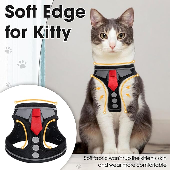 Cat Harness and Leash Set for Walking Escape Proof, Soft Adjustable Kitten Harness Breathable Mesh with Reflective Strips Harness for Kitty Puppy Bunny (Black, Large)